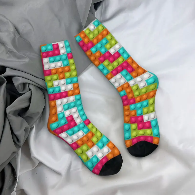 Custom Kawaii Men's Colorful Building Blocks Pattern Dress Socks Unisex Comfortable Warm 3D Printing Crew Socks
