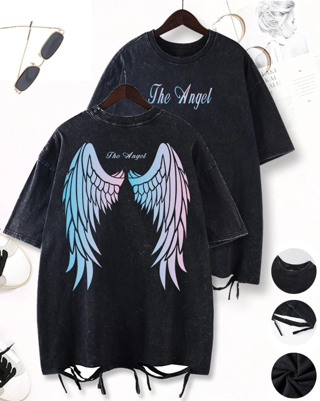 Gradient Wings Design Washed Holes T-Shirt Herren Sport Cool Kurzarm Atmungsaktive Baumwolle O-Ausschnitt Top Casual Unisex Lose Kleidung