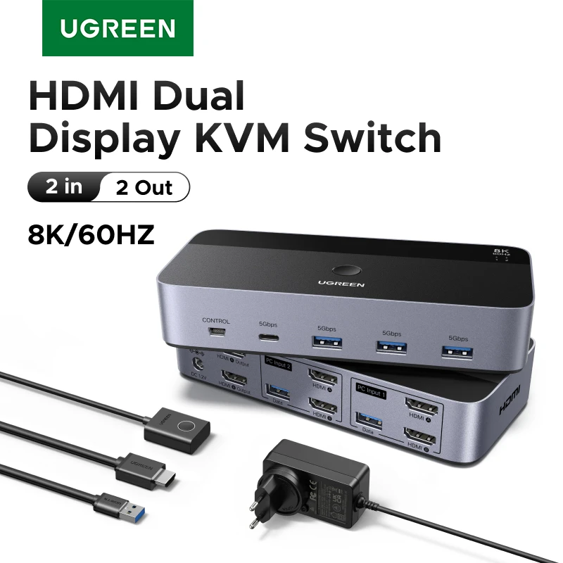 UGREEN 8K 60Hz HDMI KVM Switch for 2 Monitor 2 PCs Upgrade USB 3.0 Sharing Monitor Keyboard Mouse Printer — product photo 1 of 1