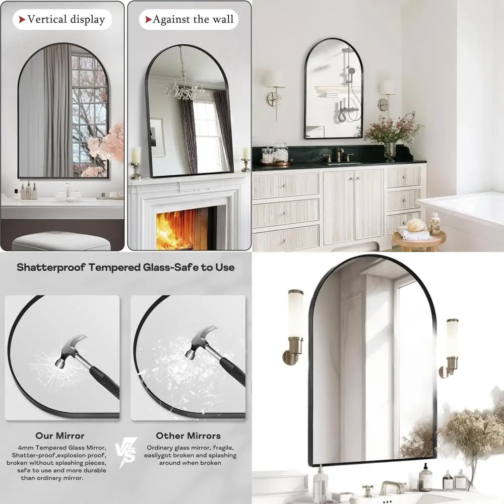 

Большое арочное черное зеркало с металлическим каркасом для ванной комнаты, гостиной и прихожей - закаленное стекло, небьющееся