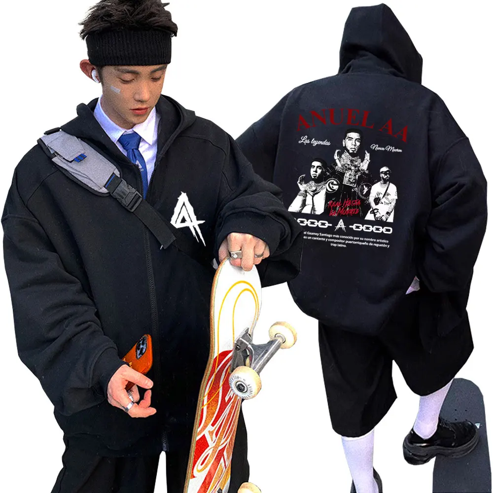 مغني الراب Anuel AA Rhlm 2 ريال Hasta La Muerte قلنسوة بسحاب الرجال النساء الهيب هوب موضة المتضخم زمم هوديس الرجال الشارع الشهير