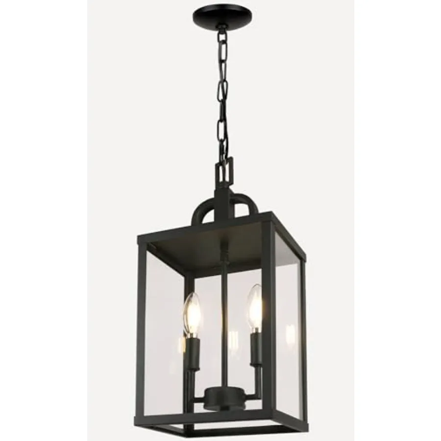 Large Outdoor Indoor Pendant Light 2-Light, Modern Black Metal Outside Chandelier Exterior Hanging Fixture Ceiling Mount with C