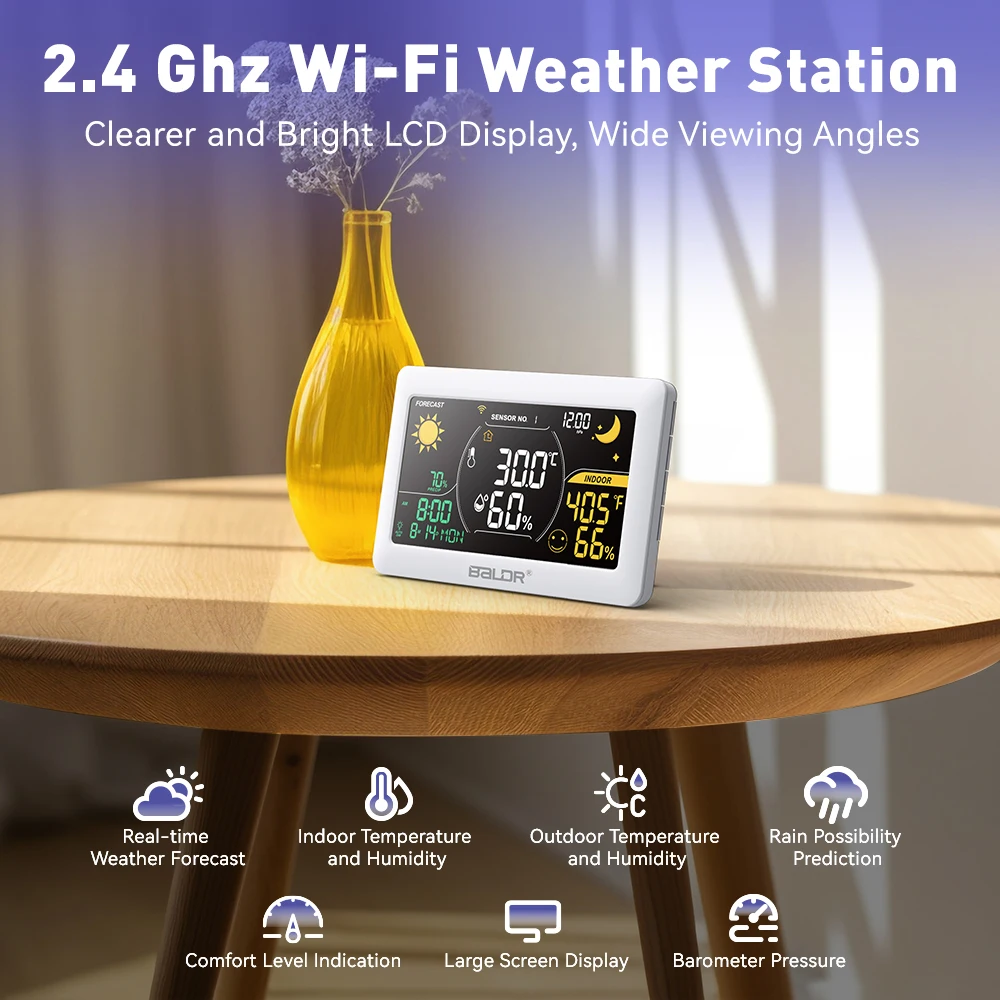 BALDR WiFi Weather Station Wireless Indoor Outdoor Thermometer Hygrometer Wall Alarm Clock Pressure App Online Forecast Monitor