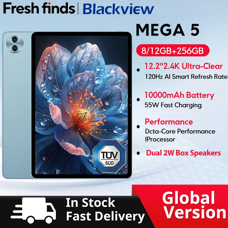 新しいBlackview MEGA 5 AIタブレット 12.2インチ 2.4K 120Hzディスプレイ 12GB 256GB 10000mAh 55W充電 4G Android 16 PCパッド