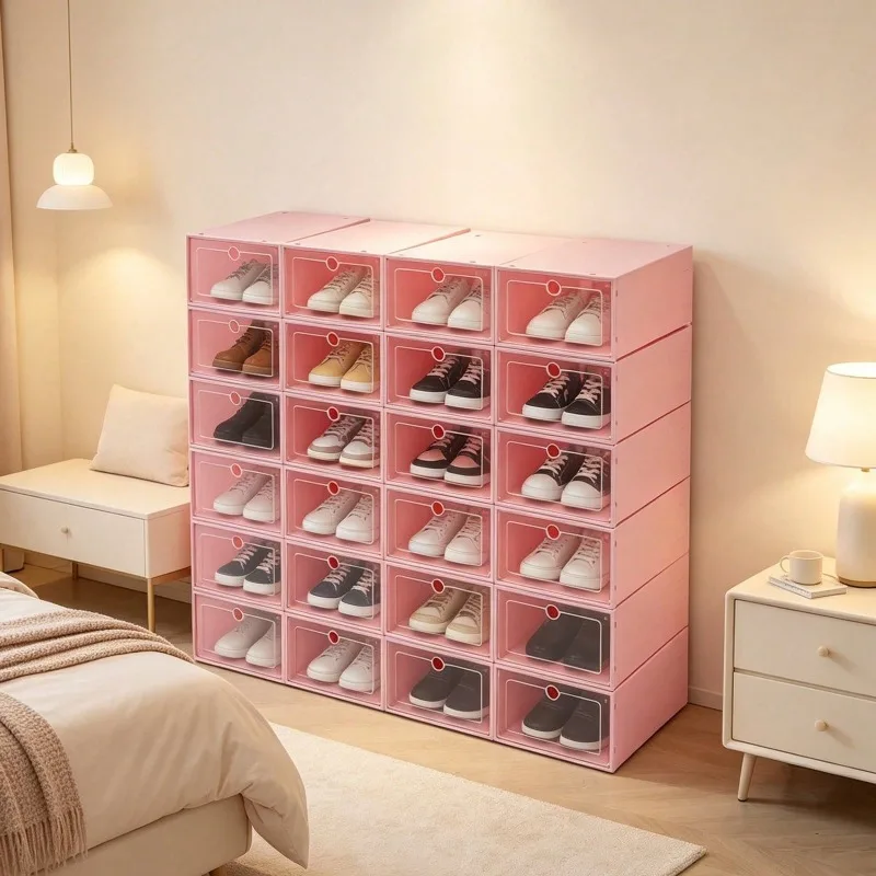 Pink Large Shoe Storage Boxes Organizers,24 Pack Stackable Shoe Boxes Clear Flip Lid Shoe Storage Box Foldable Shoe Storage Organizer For Entryway Closet Under Bed