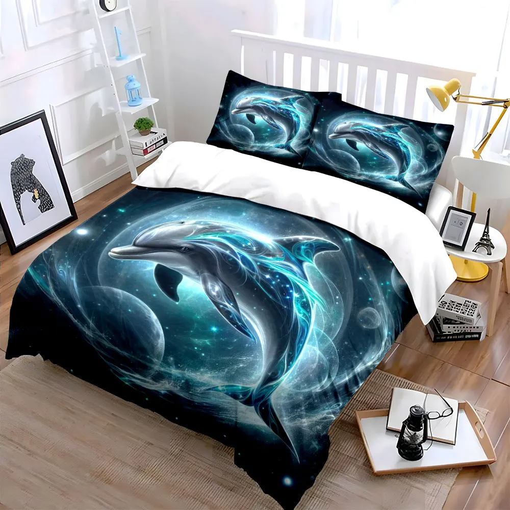 3pcs Glowing Fantasy Stellar Dolphin Duvet Cover Set with 3D Printing Design Soft Polyester Bedding Set All-Season Comfort