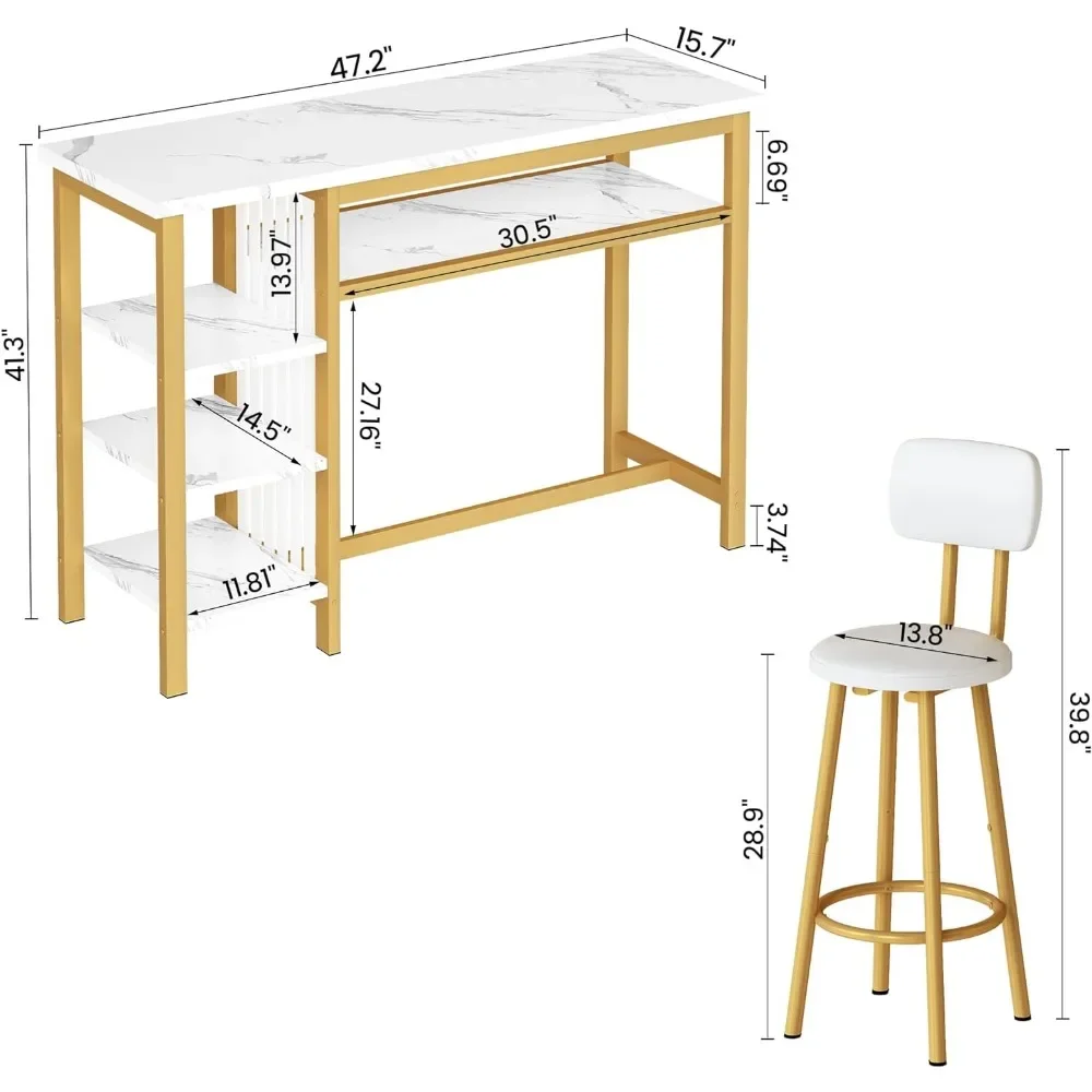 Esstisch, Kunst marmor tisch, mit 2 pu gepolsterten Barhockern, Küchen theke, mit 3 Ablage fächern, Küchentisch