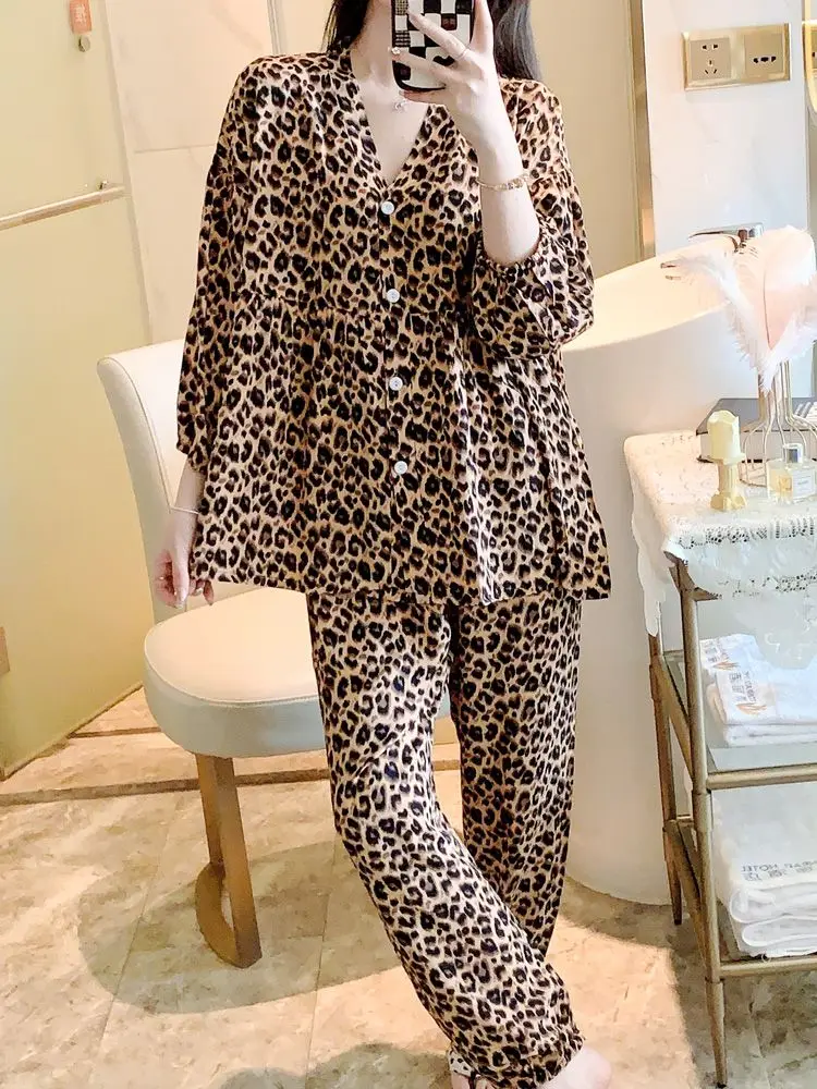 Spring Autumn Womens Leopard Print Pajama Sets