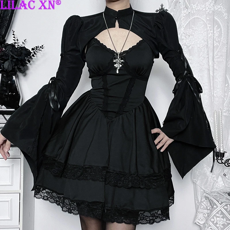 Goth Black Flare Long Sleeve Bandage Smock Vintage Elegant Lace-up Stand Collar Bodycon Cover ups Crop Tops for Women Partywear