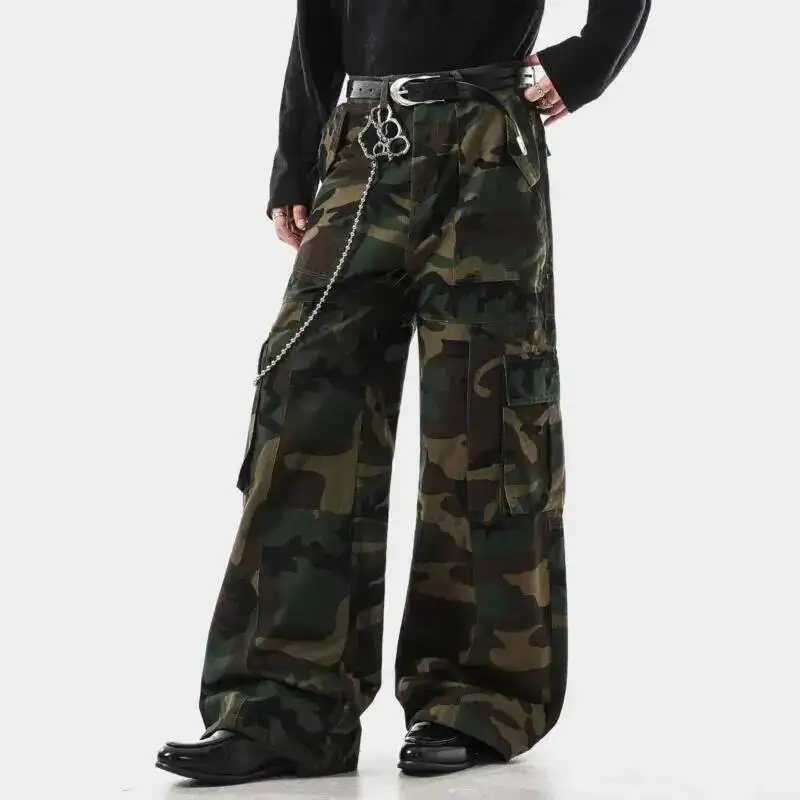 American Style Men's Cargo Pants Camouflage Casual Pleated Design Side Pocket All-match Wide Leg Loose Male Trousers 98TJY