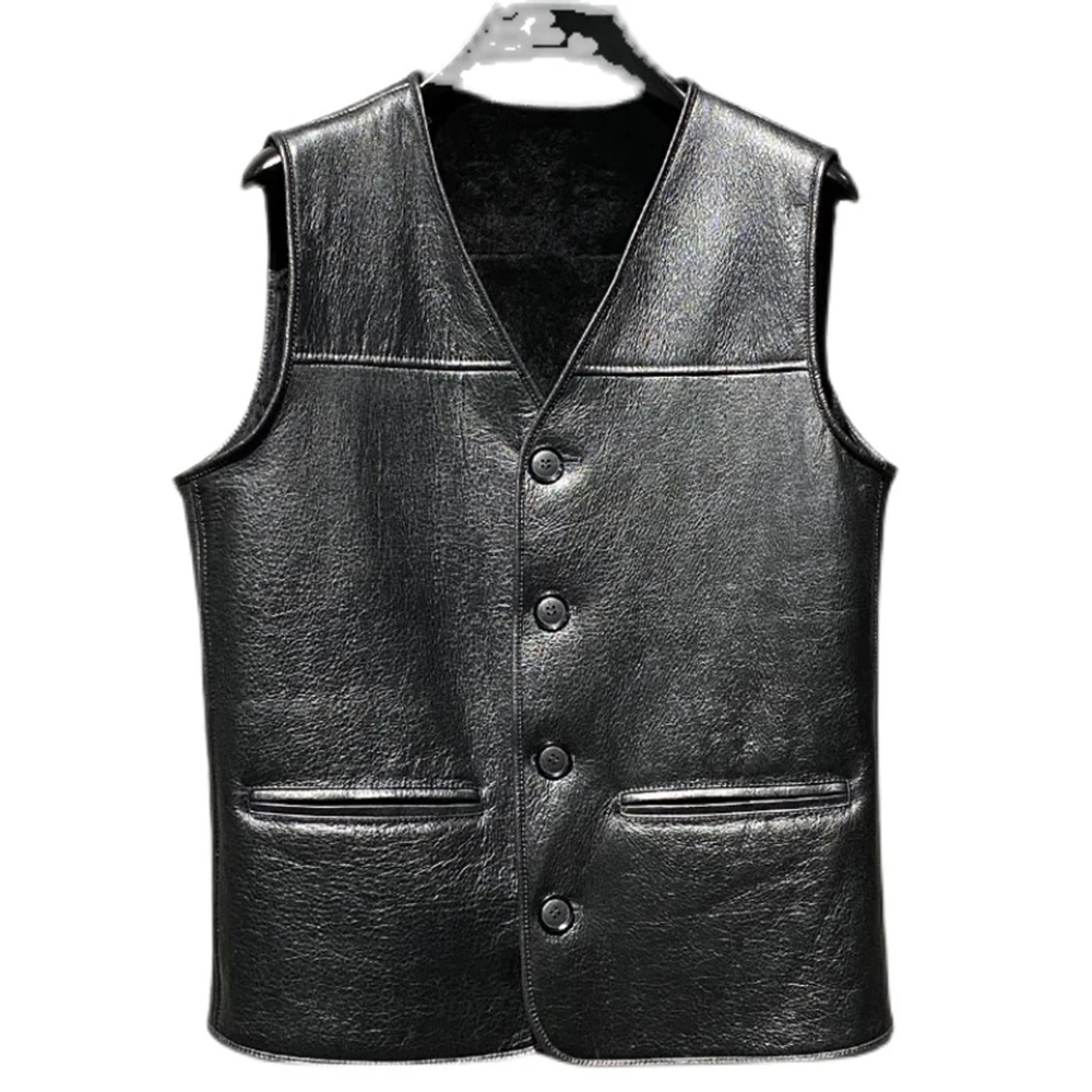 

Original Sheepskin Leather Mens Vest Coat Fur Padded Mans Shearling Waistcoat 5XL Winter Warm Sleeveless Overcoat European Style