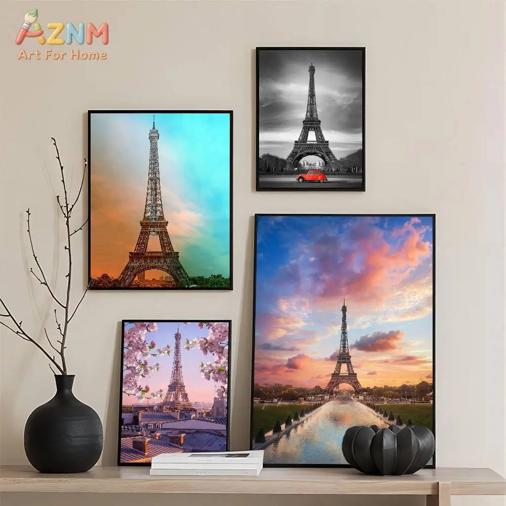 AZNM Paris Eiffel Tower Canvas Print Sunset Cherry Blossom Black White Red Car City Landscape Unframed Canvas Wall Art Bedroom L