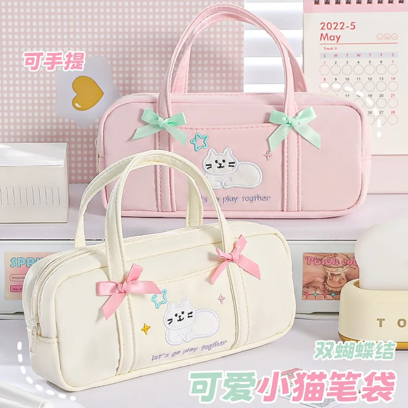 Cute Bow Cat Handheld Pencil Case Embroidered High Aesthetic Fresh Simple Design Portable Multifunctional Stationery Pouch Schoo