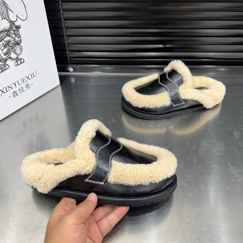 2025 Winter Casual Fashion Women\'s Shoes Lamb Velvet Thick-soled Baotou Slippers Women\'s Flat-soled Warm Mules Zapatos De Mujer