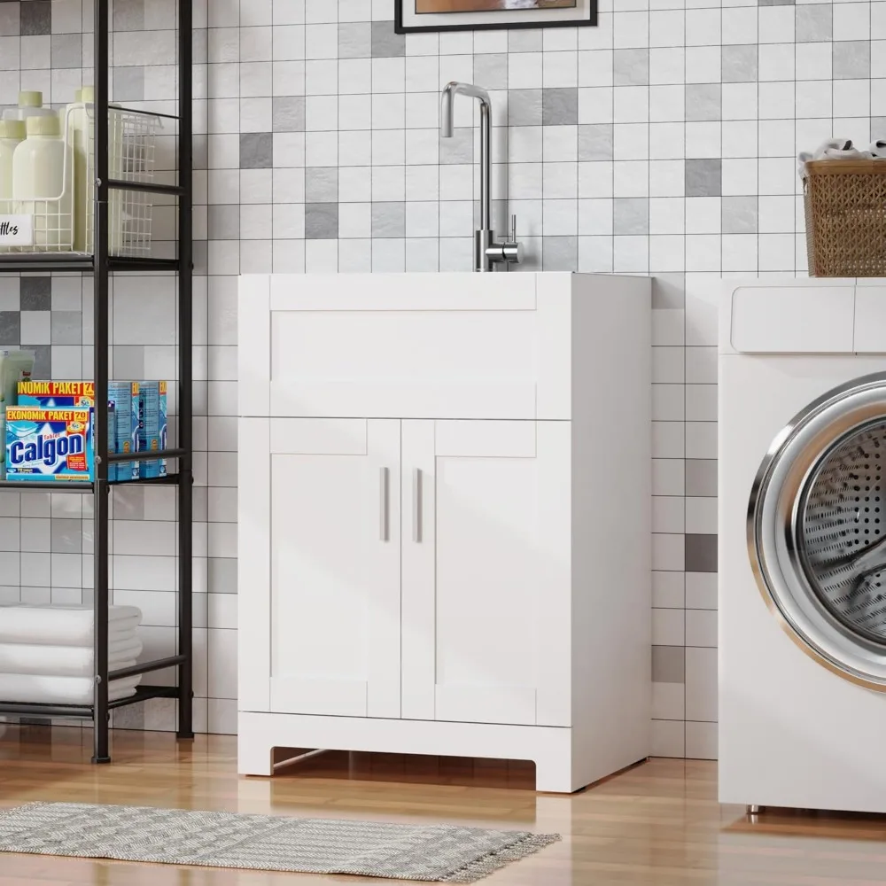 

Utility Sink with Cabinet 24 Inch Laundry Room Sink Cabinet 304 Stainless Steel Sink and Faucet Combo White