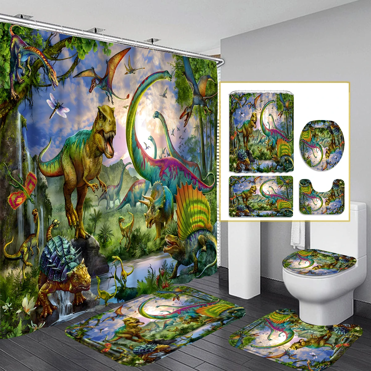 1/4 Piece Shower Curtain Set, Waterproof Bathroom Partition Curtain with Hooks, Anti-Slip Bath Rug, U Shape Mat, Toilet Seat Cov