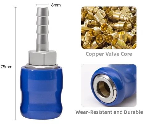 Self Locking Pneumatic Quick Connector for High Pressure for Air Systems Copper Valve Core Rust Coating Blue 7.5x1cm
