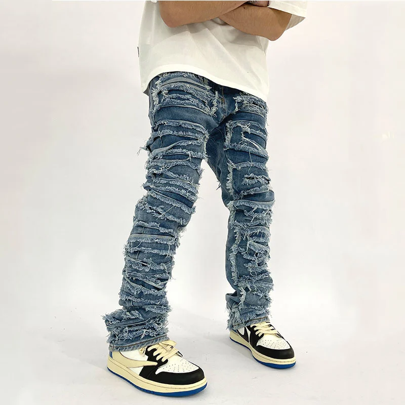 

Street Fashion Heavy Industry Water Wash Men's Patched Jeans with Broken Holes Made Old Pants Couple Hip-hop Straight Trousers