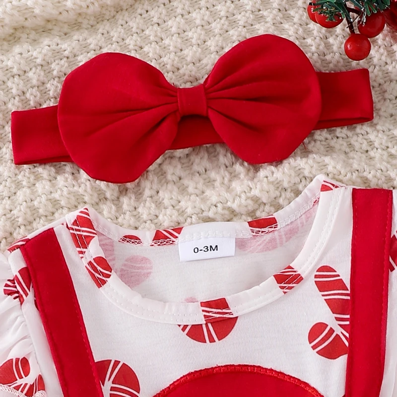 Infant Baby Clothing Girl Christmas Holiday Ruffle Trim Patch Long Sleeve Romper Dress Bow Headband Jumpsuit Xmas Clothes