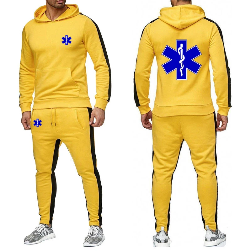 2025 Spring Autumn EMT Emergency Ambulance Print Men's Comfortable Cotton Hooded Hoodies+Drawstring Sweatpants Solid Color Sets