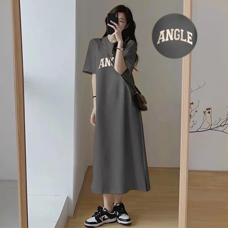 Oversized T-shirt Dress Women's Casual Angle Letter Print Short Sleeve O Neck Maxi Dress Plus Size Summer