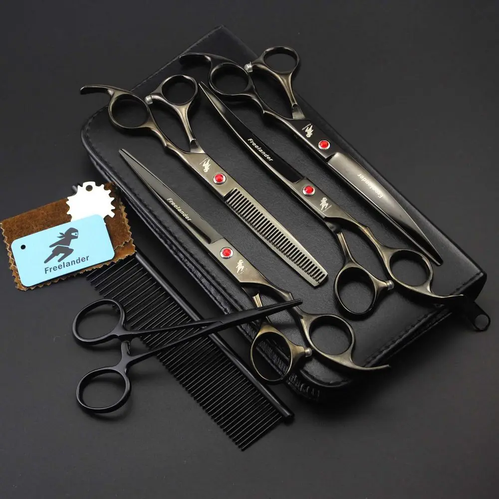 7 Inch Pet Professional Dog Grooming Scissors Cutting Curved Thinning Shear Set Japan 440C Scissor Kit for Animal Beauticians