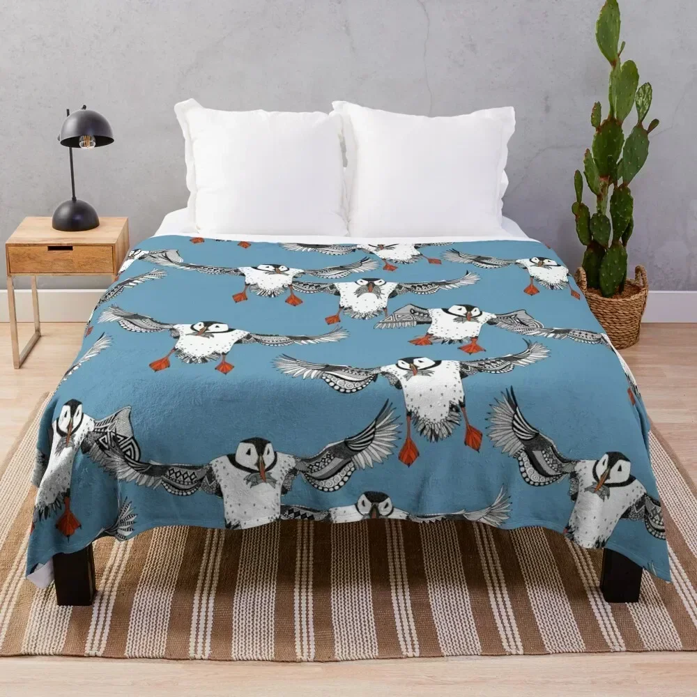 

Atlantic Puffins blue Throw Blanket All Season Lightweight Soft Blanket for Bed