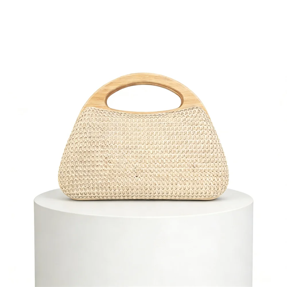 

Female Straw Cross Body Fashion Women Purse Wooden Frame Straw Woven Evening Hand Woven Hand-Held Beach Evening Party Handbag