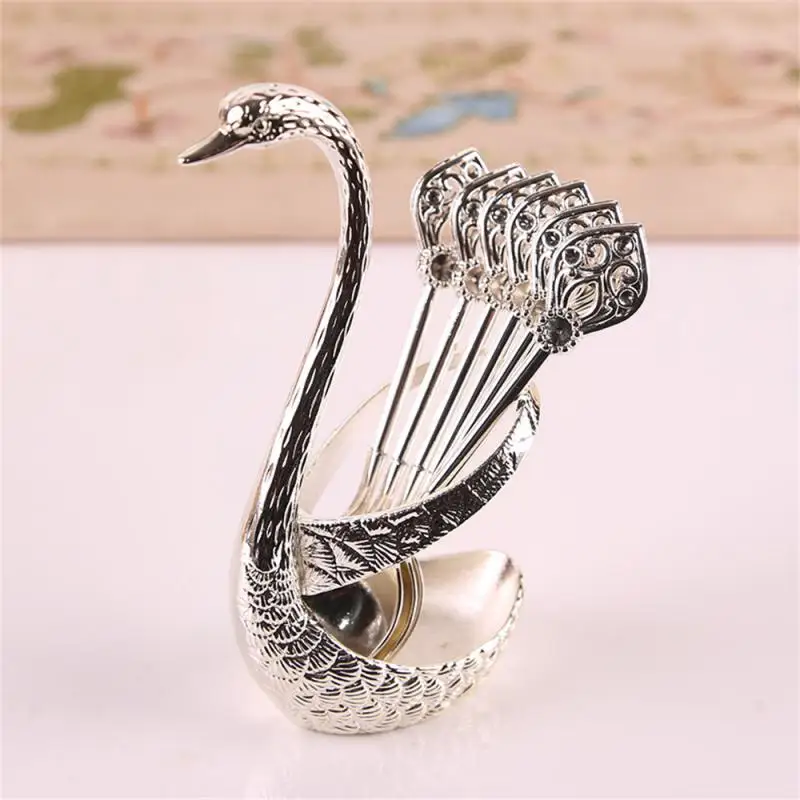 

Stainless Steel Creative Dinnerware Set Decorative Swan Base Holder with 6 Spoons for Coffee Fruit Dessert Stirring Mixing