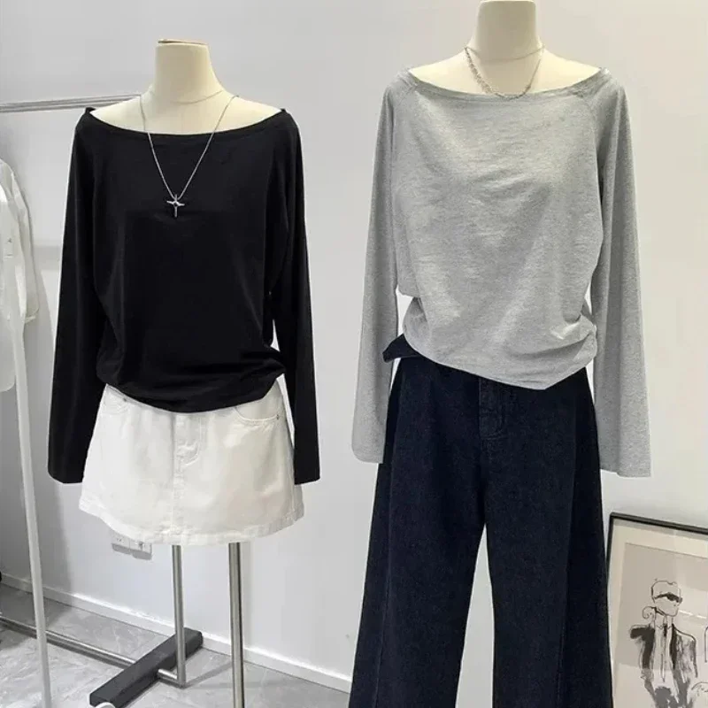 New Off Shoulder Long Sleeve Tops Ladies Solid Cuff Sleeve Korean Chic Y2K Soft Skin-friendly Daily Basic Long Sleeve T-shirt