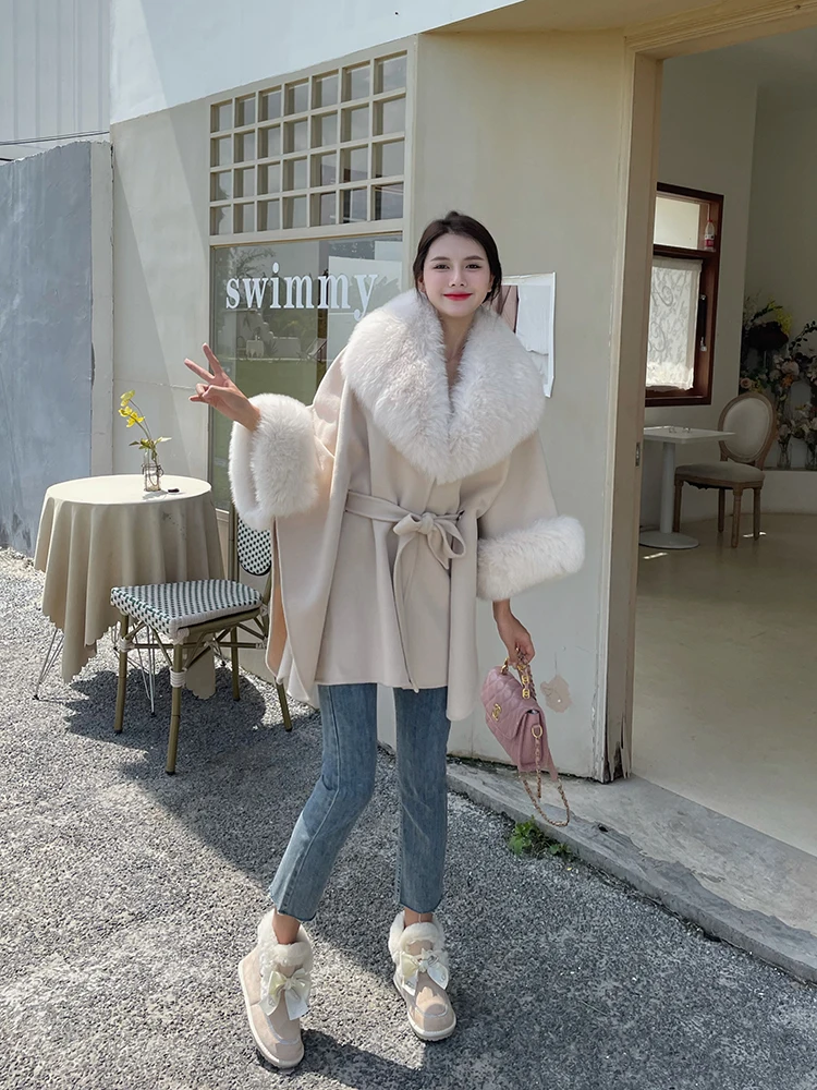 Winter Women Long Wool Coat with Big Real Fox Fur Collar Warm Solid Casual Jacket Autumn Fashion Top Outwear