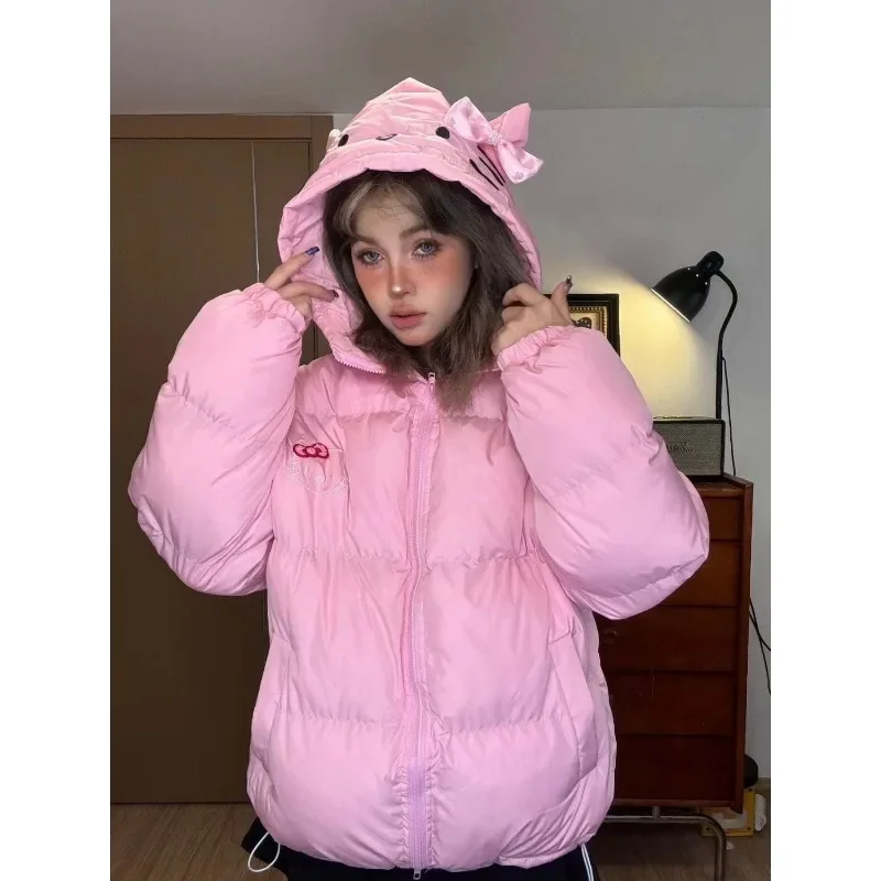 Sanrio Hello Kitty Women Down Jacket Anime Kawaii New Kt Cute Winter Thicken Cotton Clothes Coat Student Top Loose Sports Trend