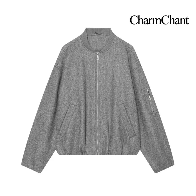 CHARMCHANT Women's Wool Blend Zip Up Baseball Bomber Jacket Elastic Cuff Hem Oversized Loose Outerwear Multi Color Fall 2026