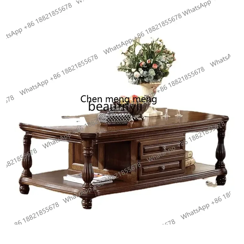 182C American-Style Solid Wood Coffee Table Living Room Furniture Rectangular Black Walnut with Drawer Storage Large Tea Table