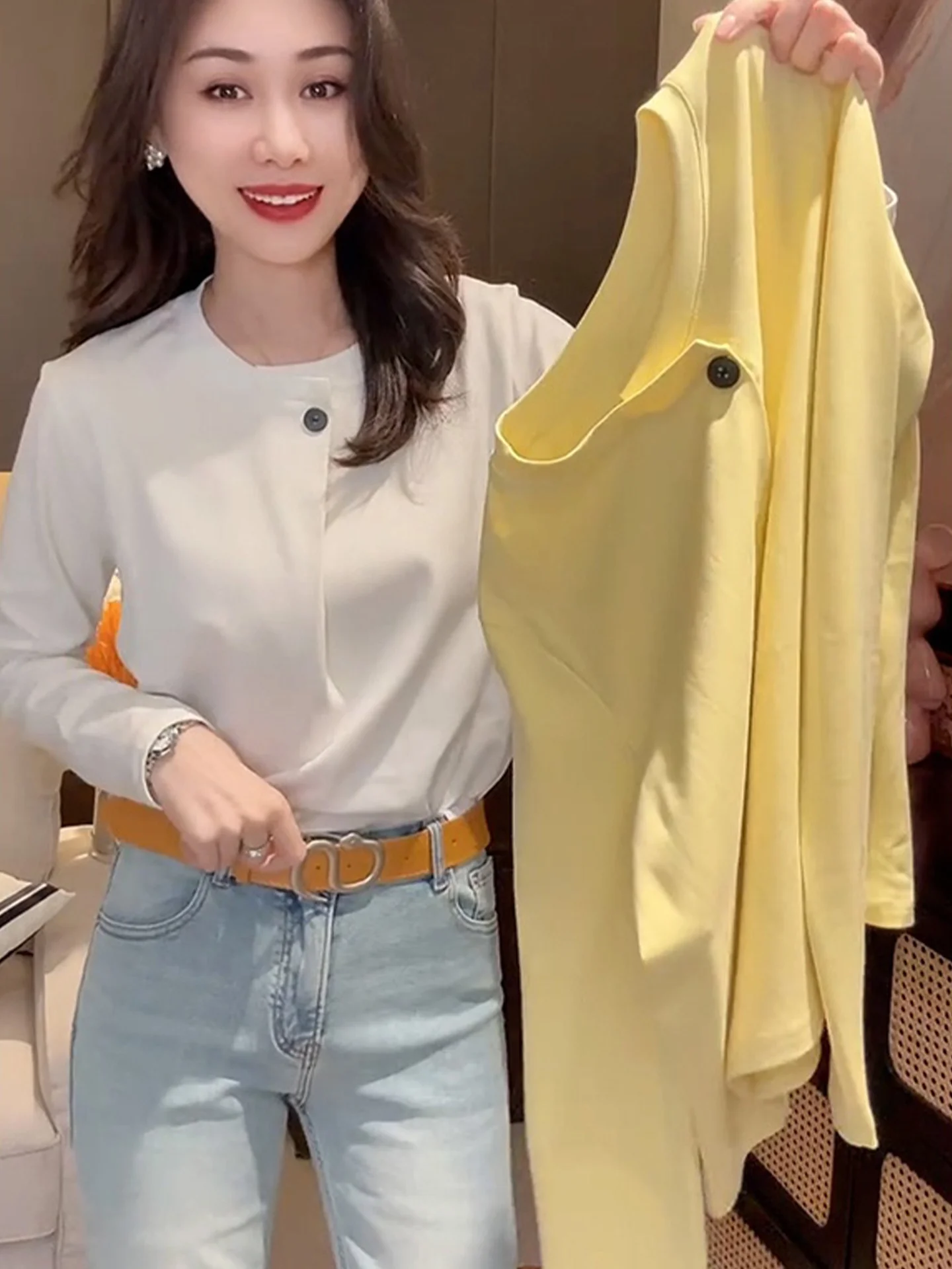 スリム効果のあるサマーデザイン、長袖コットンベースのゆったりフィットカラーインナーウェア、レイジーな女性用Tシャツ