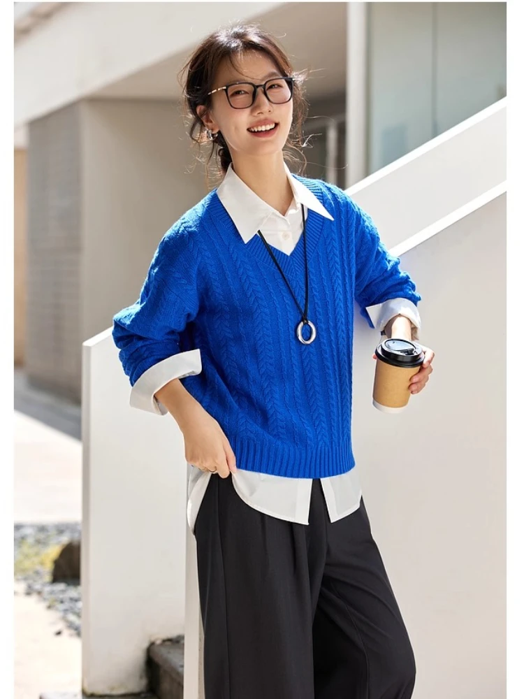 

VIMLY Women's Blue Jumper Knitted V-neck Elegant Sweater Autumn 2025 New Casual Twisted Strecth Loose Female Pullovers 75100