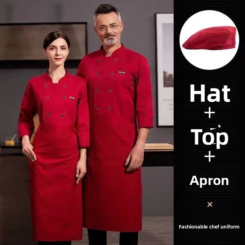 New Chef's Clothing Set Wholesale, Hotel Back Kitchen Autumn and Winter Long-sleeved Short-sleeved Overalls Apron Hat