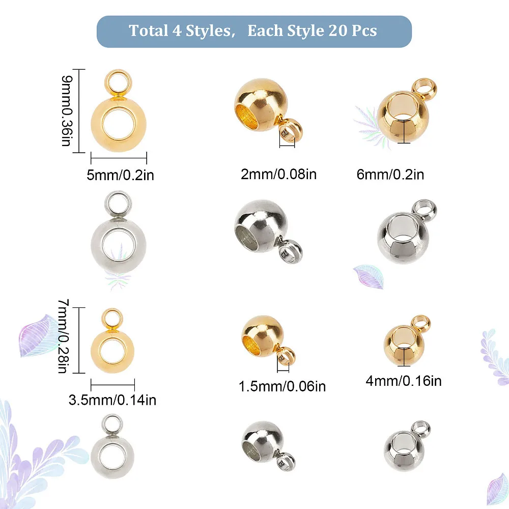 1 Box 80Pcs 4 Styles Stainless Steel Bail Beads with Charm Loop Bails Hanger Links Bail Beads Loose Spacer Rondelle Bail Beads