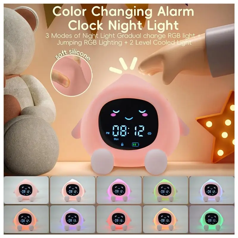A84X-Alarm Clock Kids 6-IN-1 Fruit-Shape Toddler Sleep Training Clock Cute Touch Night Light For Children's Bedroom B