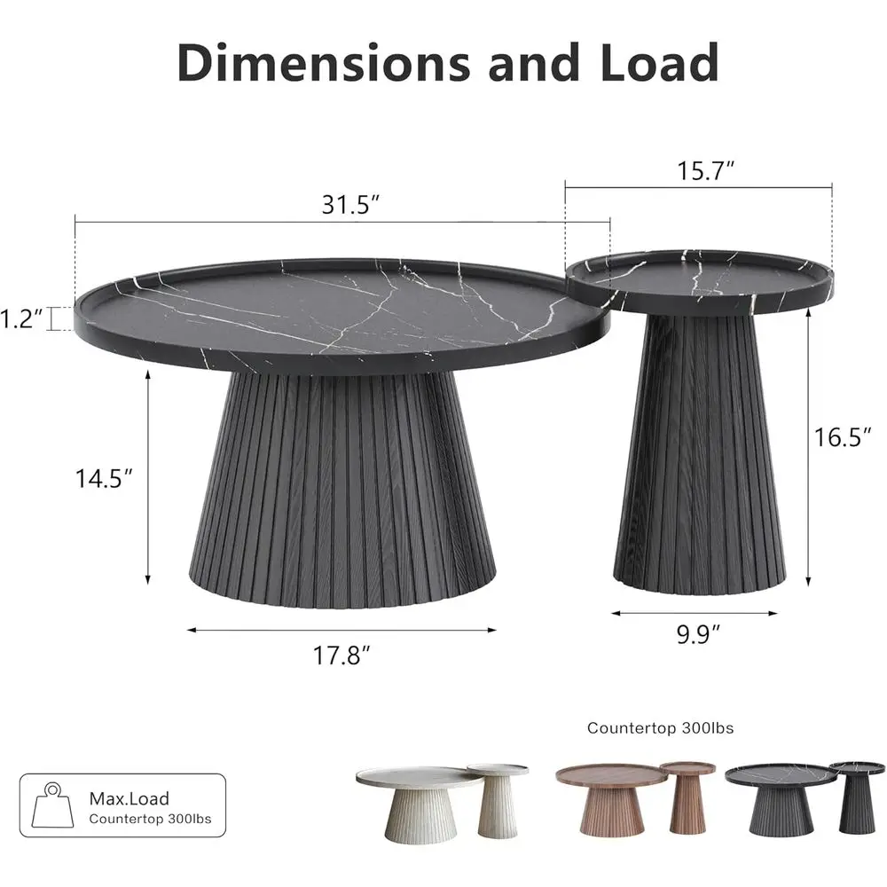 Coffee Table Set of 2 with Marble Veneer, Black | Round Tea Table and End Table Set, Minimalist Wood Center Tables for Living Ro