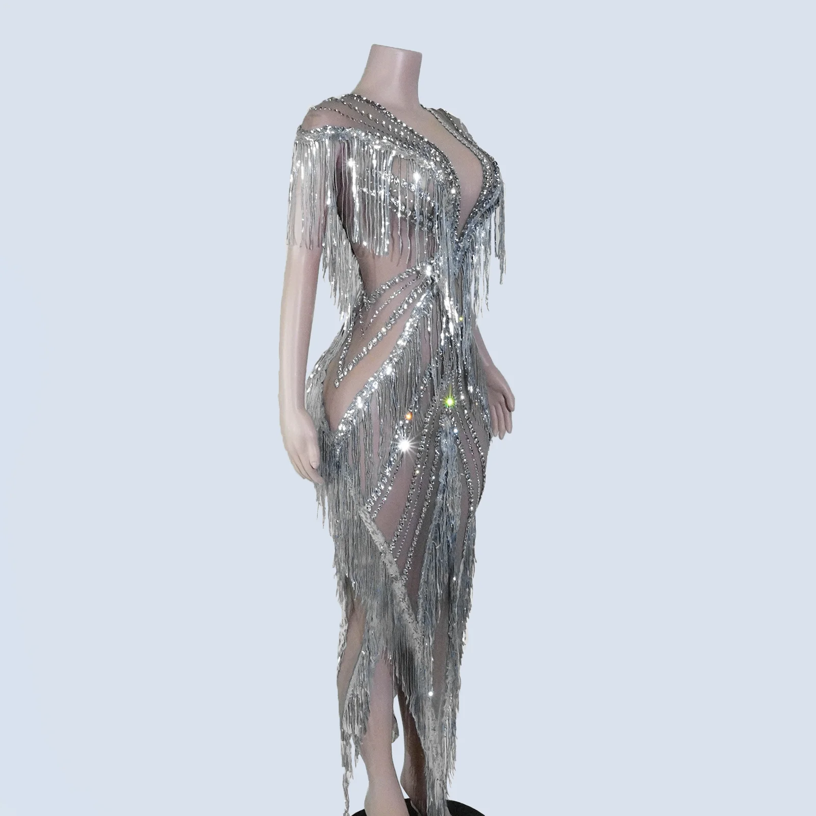 

Sexy Silver Tassels Rhinestone Long Dress See-through Event Costume Women Stage Singer Birthday Party Drag Queen Dance Outfit