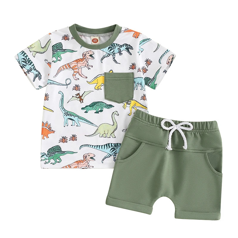 

SUNSIOM 2Pcs Toddler Boy Summer Outfits Short Sleeve Dinosaur Print T-Shirt + Elastic Waist Shorts Set Baby Casual Clothes