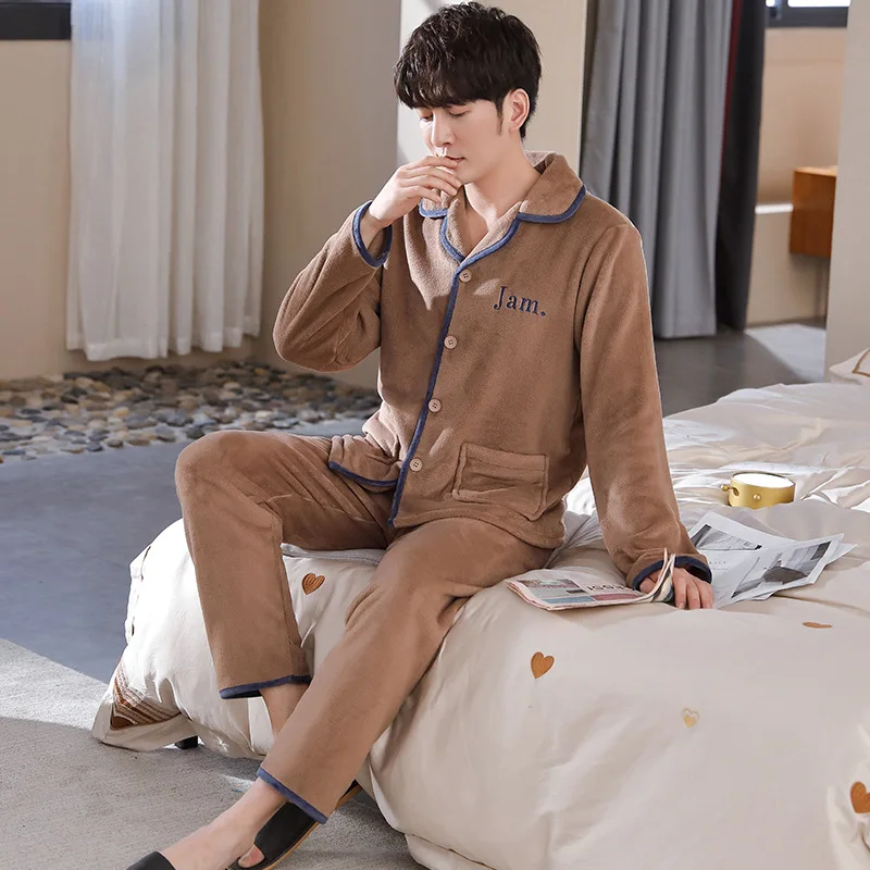 

Autunm Winter New Solid Male Flannel Homewear Loose Casual Sleepwear Men Long Sleeve Coral Velvet Pajamas Nightwear