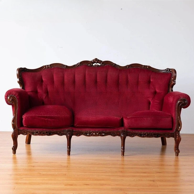 

Carved velvet American medieval solid wood sofa fabric buckle three-person sofa