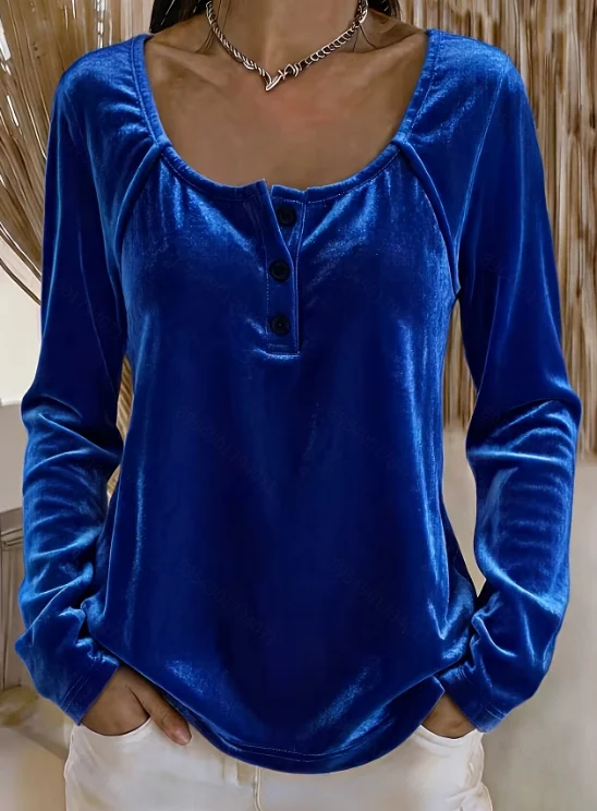 Damen-Top aus Samt mit langen Ärmeln und Henley-Ausschnitt in Übergröße, elastische, einfarbige, lässige Bluse mit Rundhalsausschnitt für Damen – Detail 6