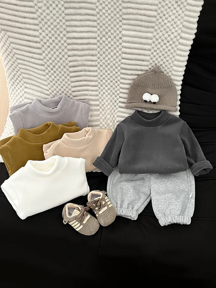 Boys Girls Cotton T Shirts Infant Plus Velvet Thick Pullover Toddler Clothes 2025 Winter New Baby Fleece Bottoming Shirts Solid