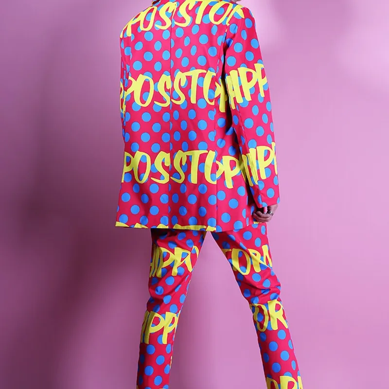 Korean Style Trendy Men Pink Letter Pattern Loose Blazers Suit Bar Nightclub Male Singer Concert Stage Suits Rap Hip Hop Costume