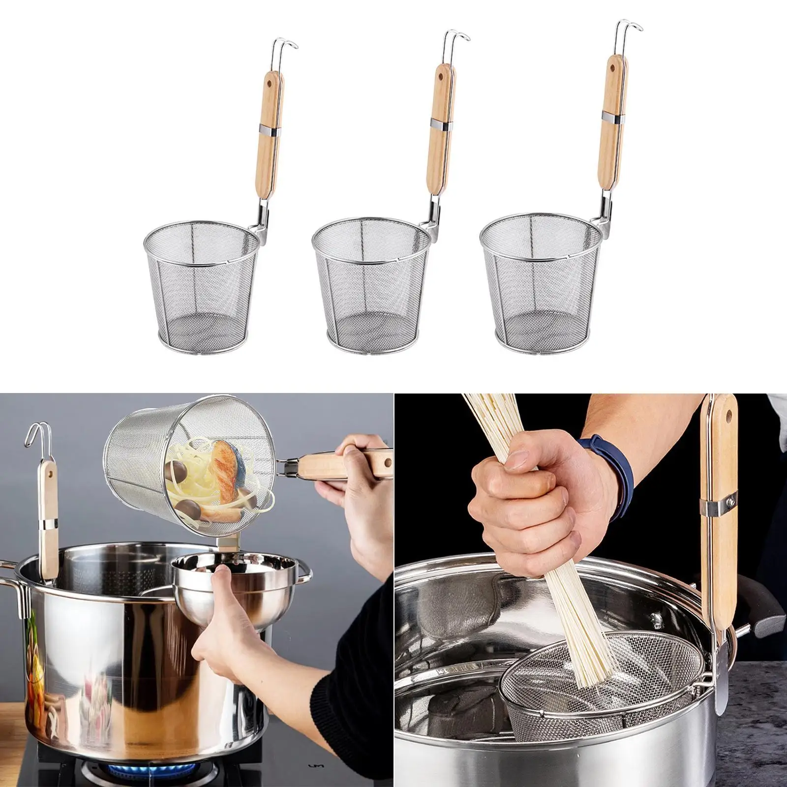 

Stainless Steel Food Strainer Basket Mesh Noodle Sifter with Wood Handle Deep Pasta Fryer for Restaurant Cooking