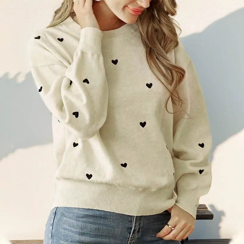 

Sweater For Women Autumn Casual Ribbed Knitting Loose Fitted Jumpers Korean Style Heart-shaped Round Neck Women's Sweater Tops