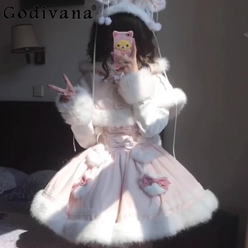 

Autumn Winter Sweet Cute Lolita Dress Set Women Hooded Cloak Bowknot Skirt Two Piece Suit Lady Japanese Style Lolita Outfits